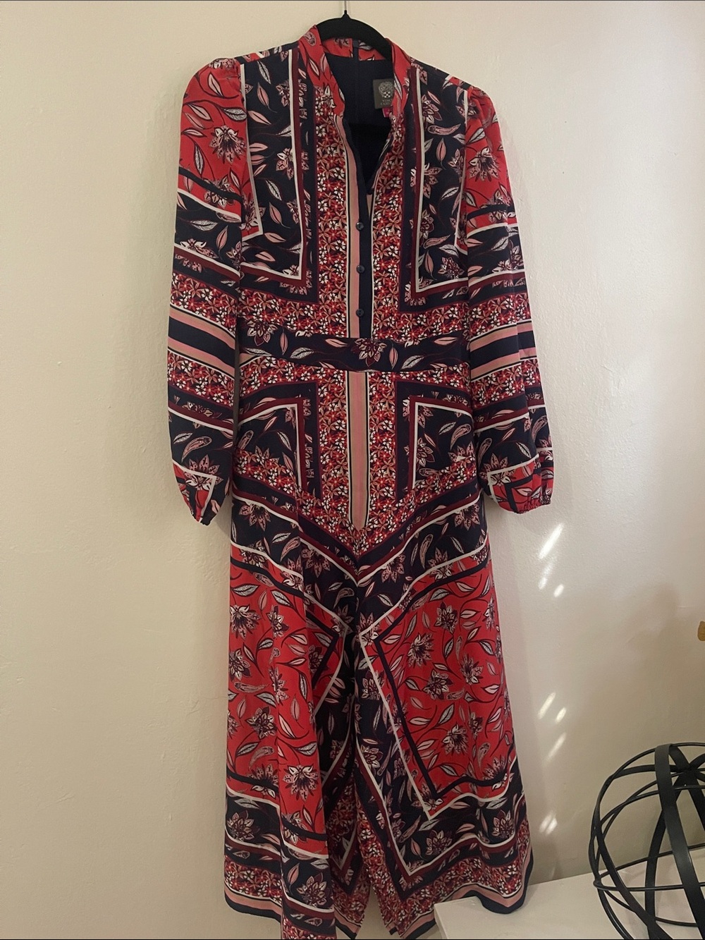 Vince Camuto Red & Navy Printed Long Sleeve Maxi Dress
